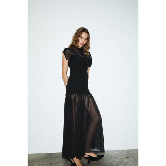 ZARA CONTRAST DRAPED MIDI DRESS - Picture 1 of 10